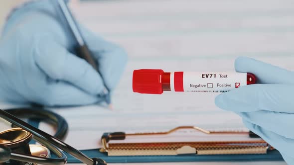 Doctor Holds in Hand Laboratory Positive Blood Test Tube with Enterovirus alt
