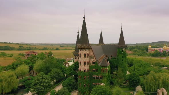 Panoramic Aerial View Of Old fairytale Castle On The Hill