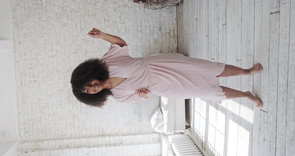 Happy Cheerful Young Mixed Race Woman Vlogger Student Dancing Alone alt