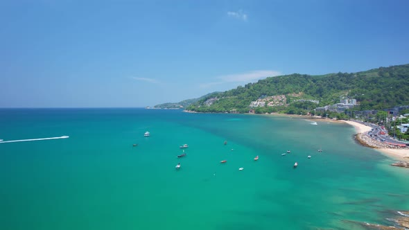 Aerial view beautiful sea beach in summer day. Phuket Thailand Amazing sea with travel boats alt