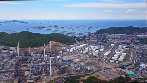 Aerial view of petrochemical oil refinery and sea in industrial engineering at Laem Chabang,Chonburi