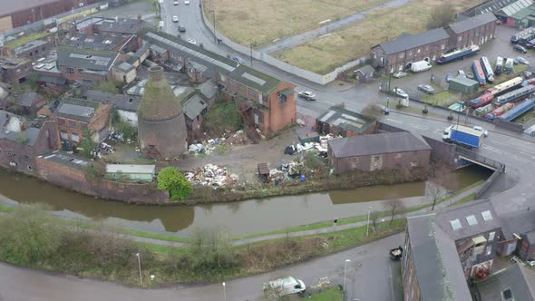 Aerial view of Kensington Pottery Works an old abandoned, derelict pottery factory and bottle kiln l alt