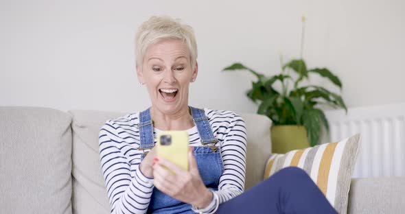 Mature woman sitting on sofa making video call on smartphone