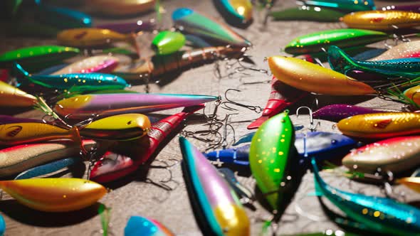 Assorted colourful fish bites. Set of wobblers. Lures and fish-hooks for angling alt