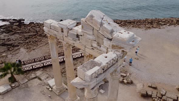Close Up Aerial Shoot of Antique Apollo Temple Ruins Located in Turkey Side Archaeological Ruins Of alt