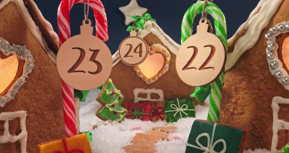 Gingerbread village for Christmas. Gingerbread cottages at night with stars. alt