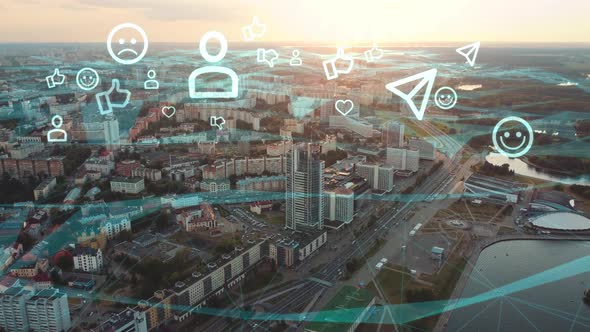 Flight over the city with a wireless network connection with social media icons and smiles. alt