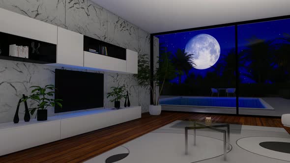 Modern House With Swimming Pool In Night