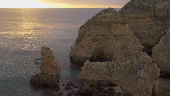 Ponta da Piedade in Lagos at sunrise, in Portugal