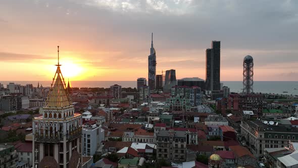 Batumi, Georgia - June 15 2022: Aerial view of Piazza Batumi in the center of city. Sunset cityscape alt