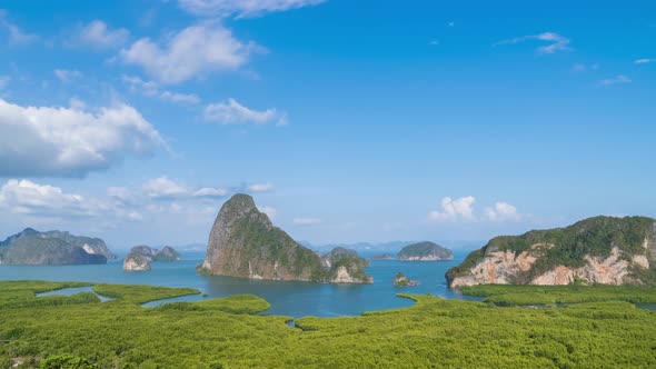 Samet Nangshe viewpoint over Phang-nga Bay and mountains in Andaman sea, Thailand - Time Lapse