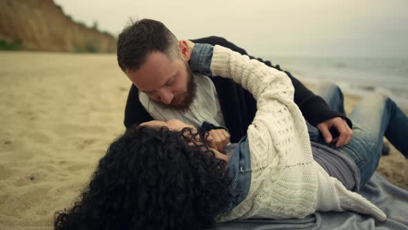 Flirting Couple Kissing Beach By Sea alt