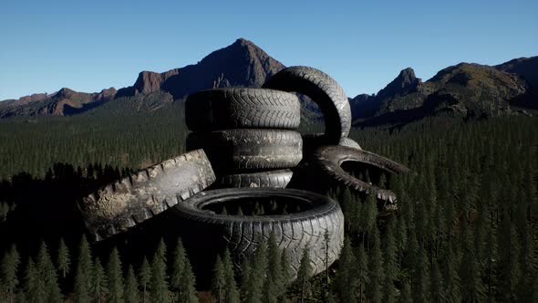 Concept of Environmental Pollution with Big Old Tires in Mountain Forest alt