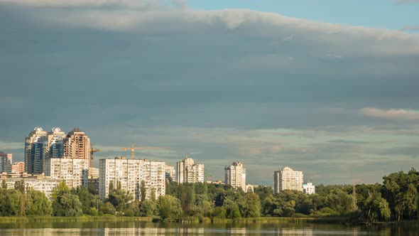 City Near The River In Good Weather, Cloudy Weather, Time Lapse