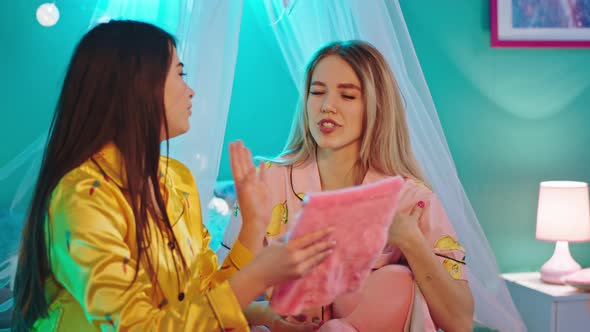 Beautiful Ladies with Long Hair in Pajamas Sitting alt