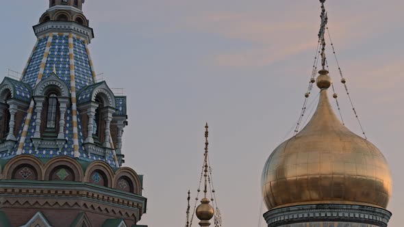Cinematic view of Dome of Church of the Savior on Blood. Close up.