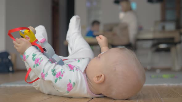 Eight months baby girl playing with toy at home alt