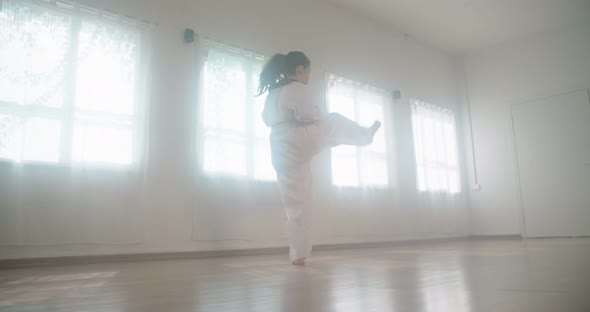 Slow motion footage of a girl practicing martial arts in a dojo alt