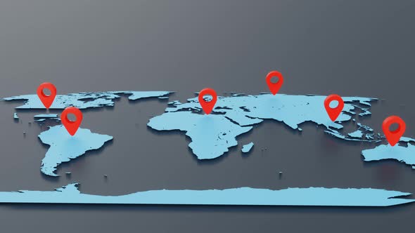 Seamless looping location pin symbol bounces up and bounces down on world map