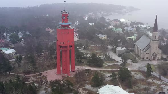 Beautiful Aerial Shot of a Red Water Tower in Hanko Finland