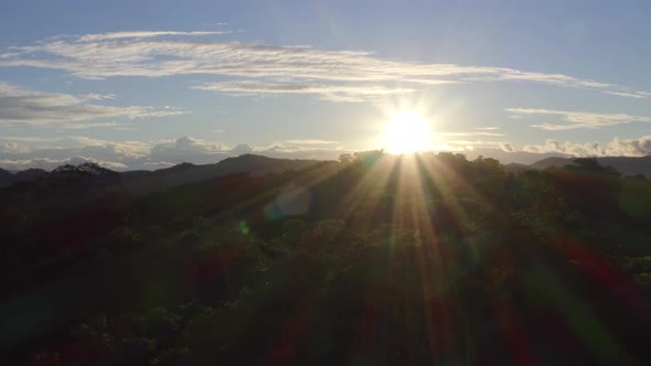 Sunset above a tropical rainforest, showing the sunbeams shining over the tree canopy alt