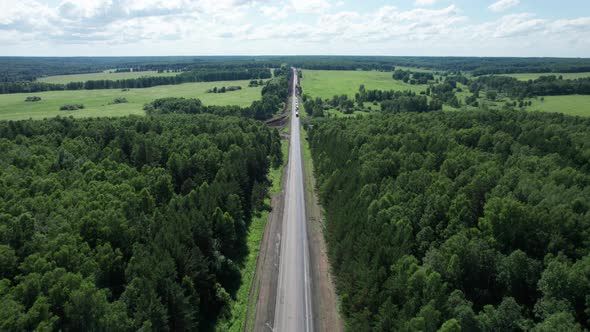 Aerial View of Scenic Road Between Green Trees with Pines on a Sunny Summer Morning alt