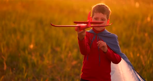 Boy Playing in the Field with a Plane in His Hands at Sunset alt