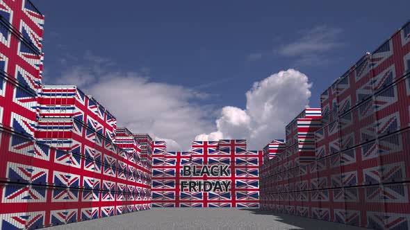 Cargo Containers with BLACK FRIDAY Text and Flags of the UK alt