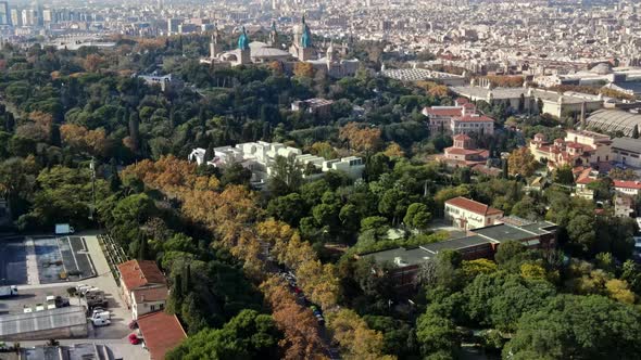 Aerial drone view of Barcelona city at daylight. Montjuic district. Spain alt