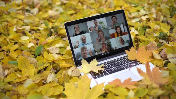 Laptop with Videoconference Stands in the Autumn Park