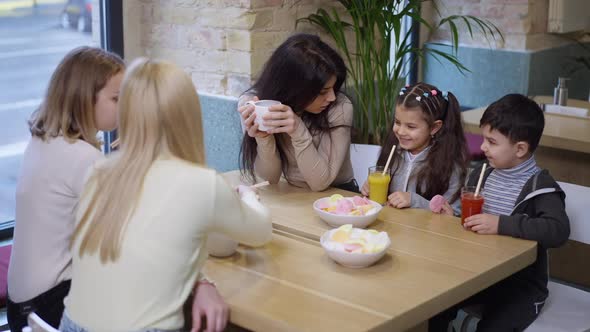Middle Eastern Young Mother Little Daughter and Son Sitting in Cafe with Caucasian Women Talking alt