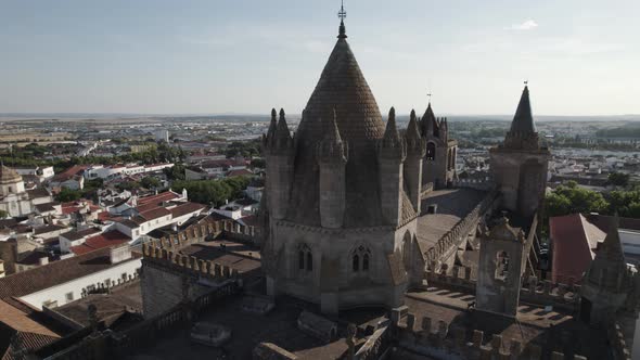 Architectural details of the towers and roof of Evora Cathedral, Alentejo, Portugal