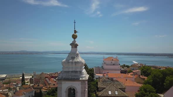 Lisbon, Portugal 4K Aerial Video Lisbon Castle - The Castelo De Sao Jorge Drone with some boats sail alt
