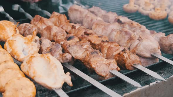 Shish Kebab and Mushrooms on Skewers Cooked on Barbecue at Street Food Festival alt