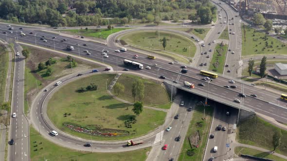 Beautiful drone shot of highway multi-level junction road in Kyiv.