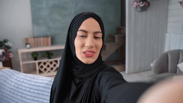 Closeup Face Muslim Woman Face Posing Photographing at Home Interior POV Shot alt