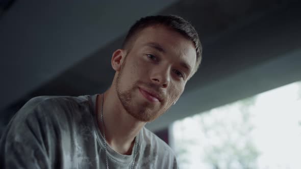 Cheerful Man Face with Positive Emotions Outdoors alt