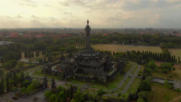 Aerial Shot of the Bajra Sandhi Monument in the Center of Denpasar City on the Bali Island, Also
