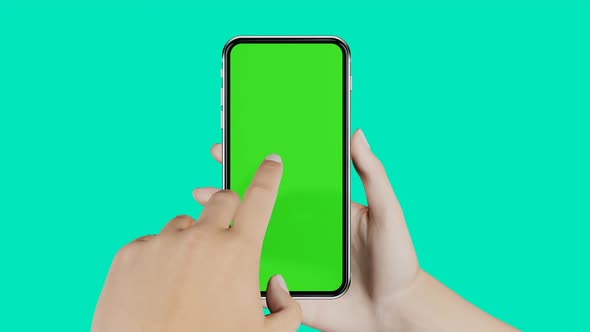 Smartphone with chromakey screen in hand. Finger touches empty display of mobile phone.
