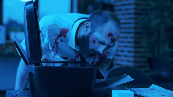 Dumb Braineating Monster with Blood on Clothes Photocopying His Own Face at Night alt