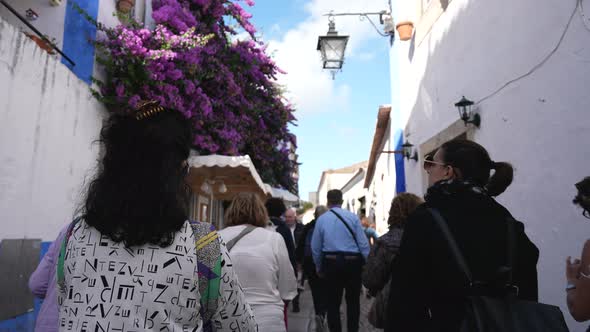 Group of Female Tourists Walking Together Among Crowd of People in Old Town alt
