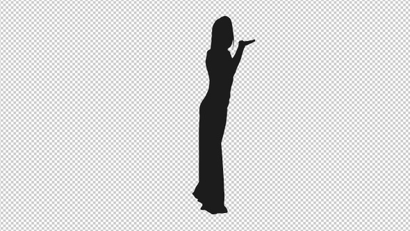 Silhouette of Young Elegant Woman Walks in Long Dress, Waving Hello and Blowing a Kiss