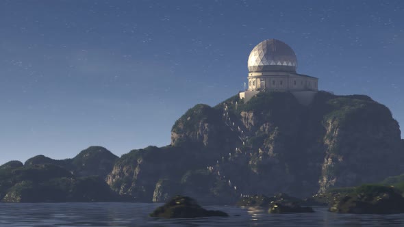 A modern astronomical observatory building on a far steep rocky coast. 4KHD alt
