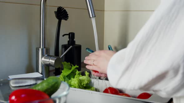 Unrecognizable Woman Washing Tomato in Kitchen Sink Indoors alt