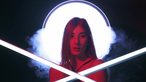 Neon Light Beauty Cyberpunk Fashion Girl with Halo alt