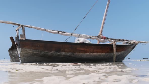 African Traditional Wooden Boat Stranded in Sand on Beach at Low Tide Zanzibar alt