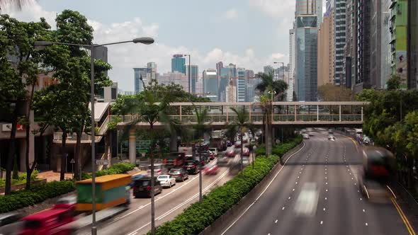 Timelapse Hong Kong Street Roads with Green Palms on Median alt