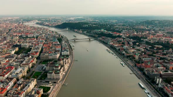 Aerial View of Budapest Cityscape  Parliament and Danube River Hungary EU