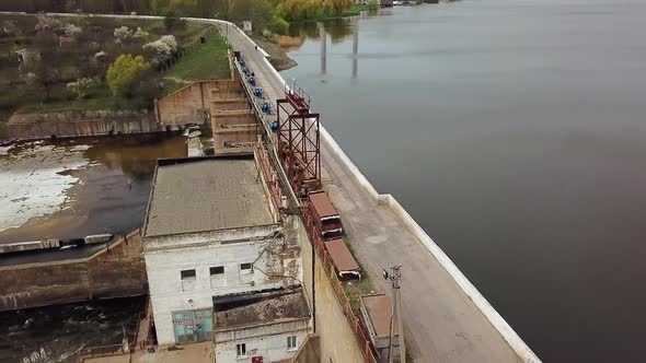 View of the treatment plant from above. Wastewater. Water sewage plant is on the river alt