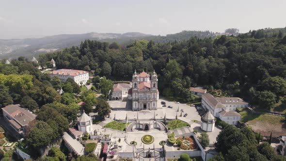 Panoramic view of Sanctuary of Bom Jesus do Monte, Braga. Establishing orbiting shot alt